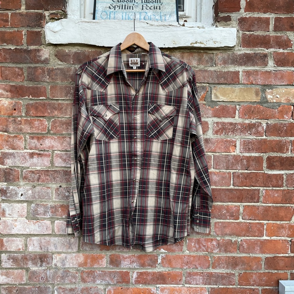 Vintage Ely Cattleman Plaid Pearl Snap Western Shirt Size L